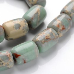 Synthetic aqua terra jasper, full strand, barrel, blue-green and brown shades, 14x10 mm, appx. 27 pcs