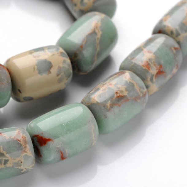 Synthetic aqua terra jasper, barrel, blue-green and brown shades, 14x10 mm, 6 pcs