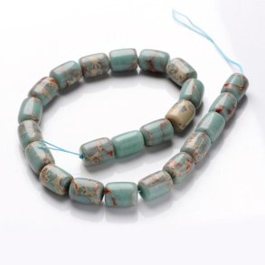 Synthetic aqua terra jasper, full strand, barrel, blue-green and brown shades, 14x10 mm, appx. 27 pcs