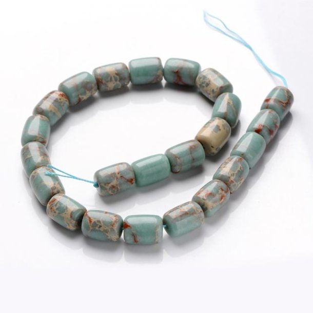 Synthetic aqua terra jasper, full strand, barrel, blue-green and brown shades, 14x10 mm, appx. 27 pcs