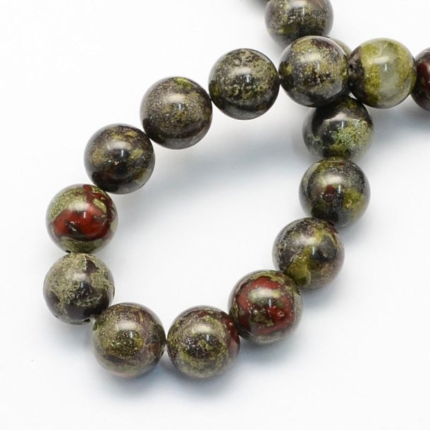Drageblods Jaspis, hel perlestreng, rund, 12 mm, 33 stk.
