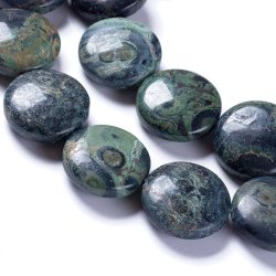 Kambaba jasper, round flat bead, green speckled, 20x8mm. 2pcs.