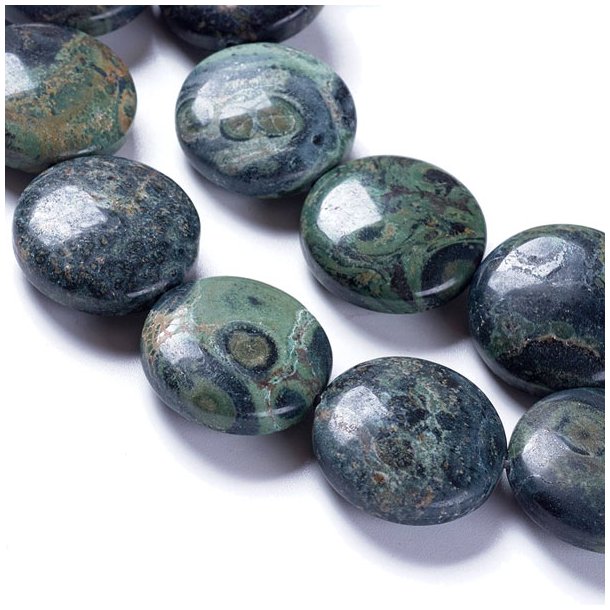 Kambaba Jaspis, rund flad perle, grøn marmoreret, 20x8 mm. 2 stk.