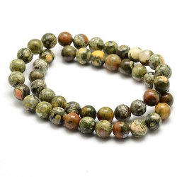 Rhyolite Jaspis, ganzer Strang, gr&uuml;n marmoriert, rund, A-grade, 10 mm, ca. 38 stk