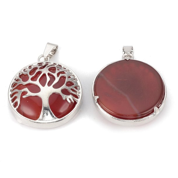 Pendant, silver color, carnelian, red-brownish, round with tree of life, 30.5x27x8mm. 1pc.