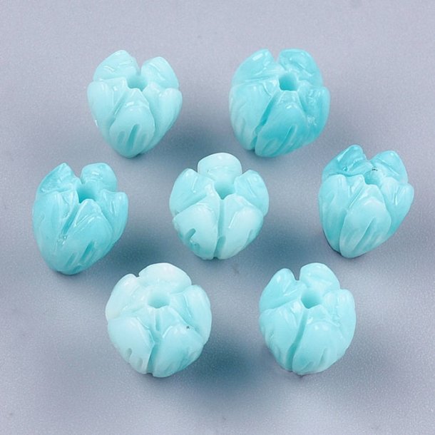 Synthetic coral bead, Turquoise, flower bud, 8,5x7 mm, hole 1 mm, 6 pieces.