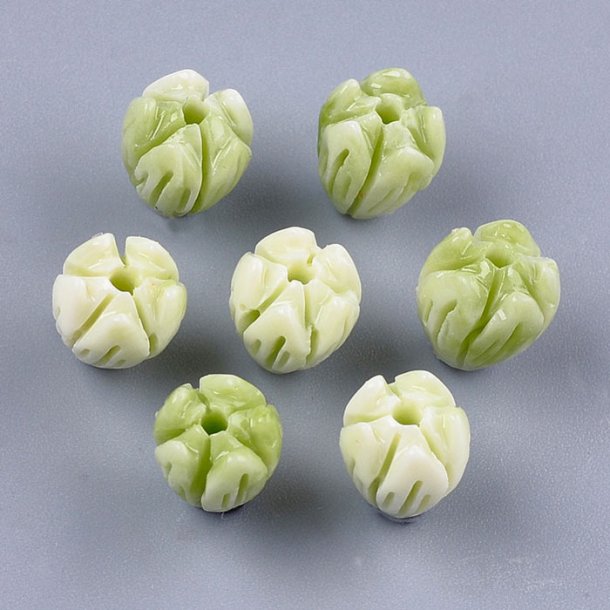 Synthetic coral bead, light green, flower bud, 8,5x7 mm, hole 1 mm, 6 pieces.
