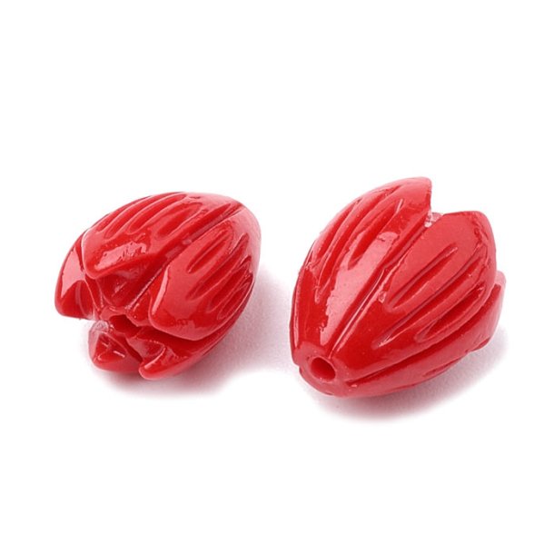 Synthetic coral bead, red, flower bud, 11.5x8.5 mm, hole 1 mm, 4 pieces.