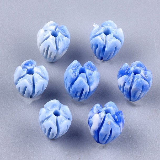 Synthetic coral bead, blue, flower bud, 8,5x7 mm, hole 1 mm, 6 pieces.