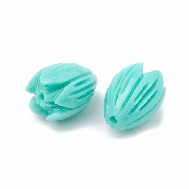 Syntetisk Koralperle, turkis, blomsterknop, 8,5x7 mm, hul 1 mm, 6 stk.