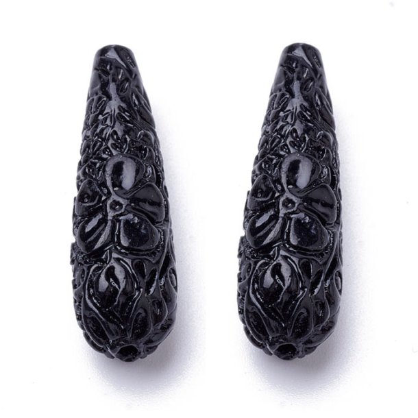 Synthetic coral drop, black, ornamented , 27x11 mm, hole 1,5 mm, 2 pieces
