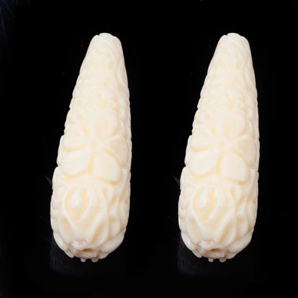 Synthetic Coral drop, beige, ornamented , 27x11 mm, hole 1,5 mm, 2 pcs.