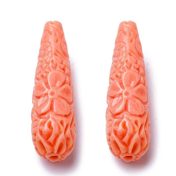 Synthetic Coral drop, dark salmon, ornamented , 27x11 mm, hole 1,5 mm, 2 pcs.