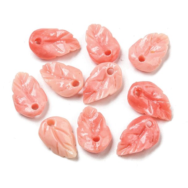 Leaf with hole, Koral imitation, salmon color, 10.5x6.5mm. 6pcs.
