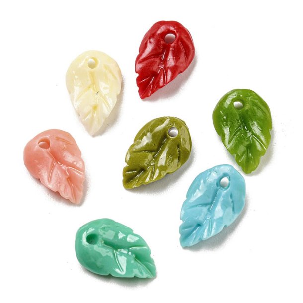 Leaf with hole, Koral imitation, mixed colors, 10.5x6.5mm. 6pcs.