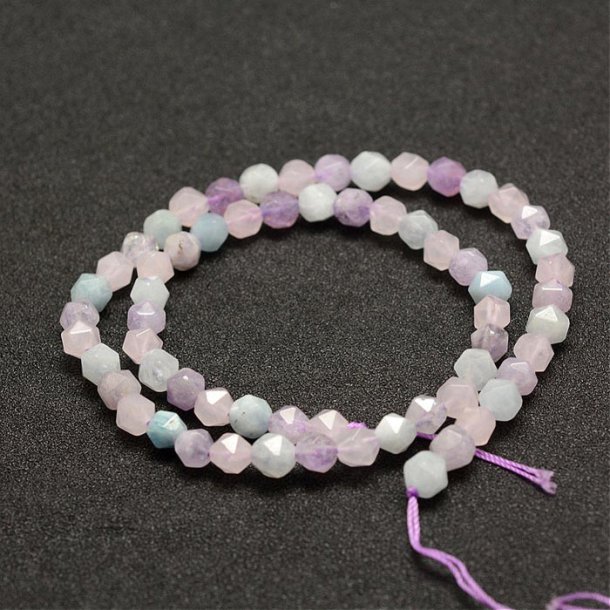 Kunzite, whole strand, mixed purple colors, faceted, uneven, 6 mm, ca. 60pcs