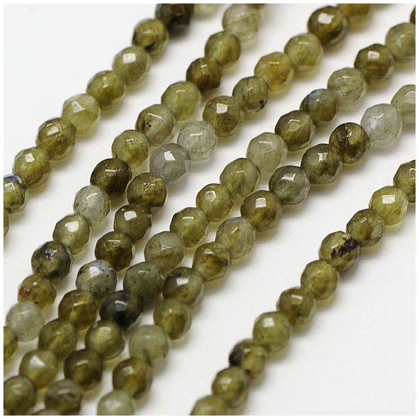 Labradorite, entire strand, faceted, round bead, greyish green, 3 mm, 135 pcs