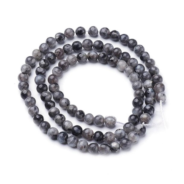 Hel streng, larvikit, rund, gr perle, 4 mm. ca. 95 stk.