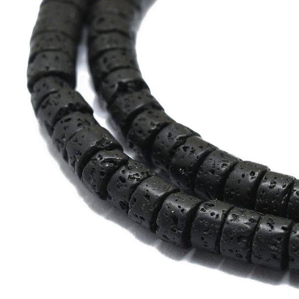 lava bead, heishi style, full strand, flat round, coarse, black, 4,5x2 mm. appx. 150 pcs