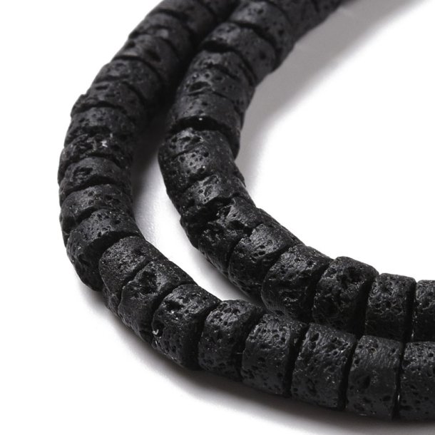 lava bead, heishi style, full strand, flat round, coarse, black, 6x3,5 mm. appx. 105 pcs