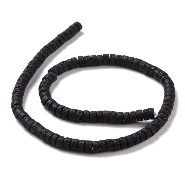 Lavaperle, Heishi, ganze Kette, flach rund, grob, schwarz, 6x3,5 mm. ca. 105 Stck