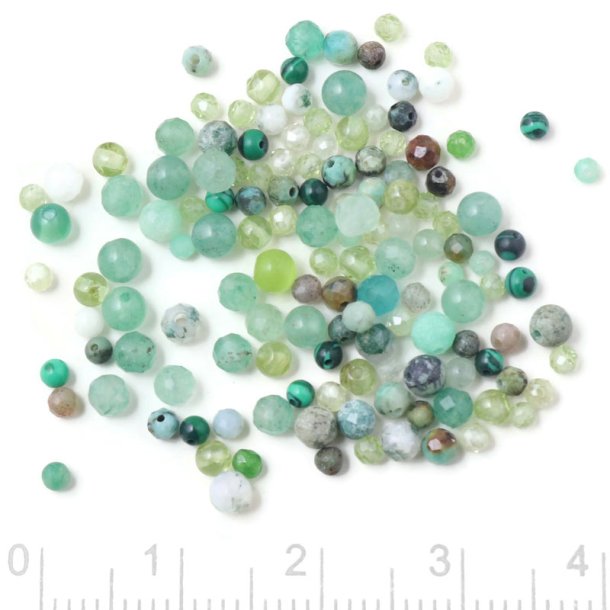 Stone bead mix, semi-precious stones in shades of green, 2-3 mm, 3 grams
