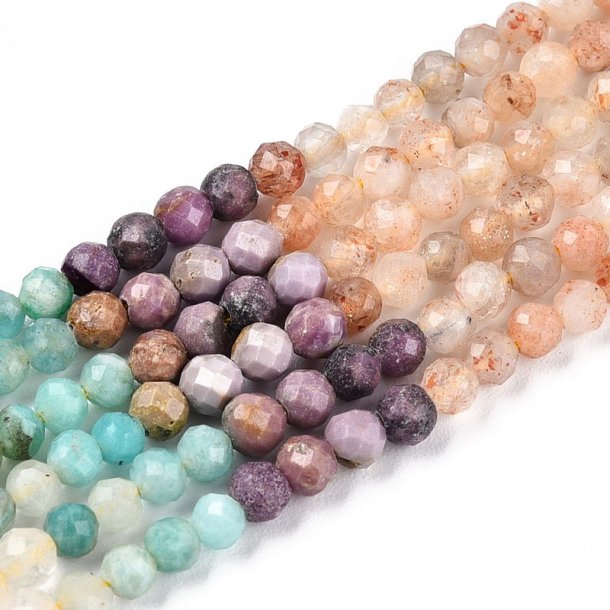 Stone beads, entire strand, mixed lighter colors, faceted, 3,5x3mm, 130pcs