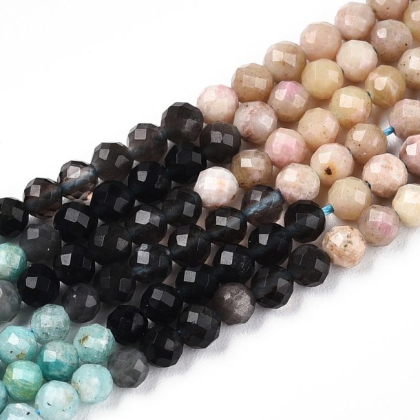 Stone beads, entire strand, black, beige, green, faceted, 3,5x3mm, 130pcs