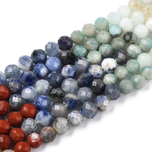 Stone mix, whole strand, mixed red-blue-green colours, faceted, 3.5x3 mm, approx. 130 pcs