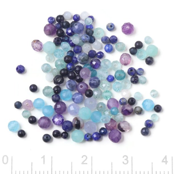 Stone bead mix, semi-precious stones in shades of blue and purple, 2-3 mm, 3 grams