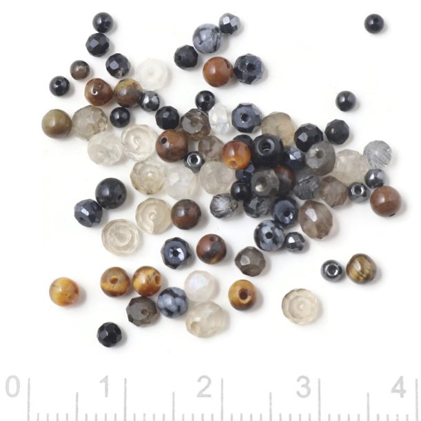 Stone bead mix, semi-precious stones in shades of black and grey, 2-3 mm, 3 grams