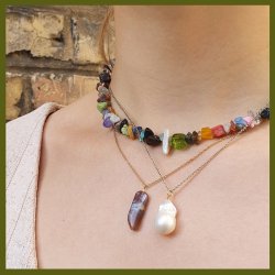 Gemischte Steinperlen, langer Strang, kleine Nuggets, mehrfarbig, ca. 8x4x3 mm, ca. 220 Stck