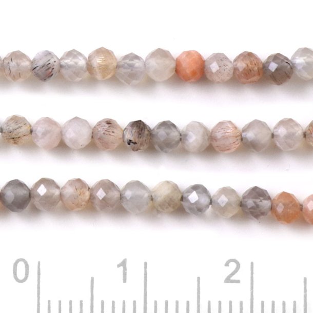 Peach Moonstone, full strand, grey and peach color mix, faceted round bead, 3mm, 140pcs.