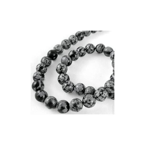 Snefnug - Obsidian perle, sort og hvid, rund, 10 mm, halv streng, 19 stk