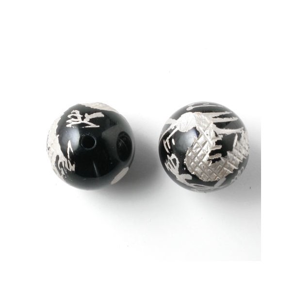 Onyx bead, whole strand, ingraved sterling silver dragon, round, 10mm, 39pcs.