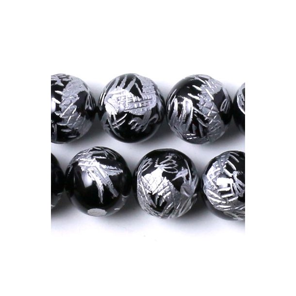 Onyx bead, whole strand, ingraved sterling silver dragon, round, 10mm, 39pcs.