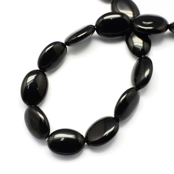Onyx bead, full strand, flat oval, black, 18x13x6 mm, approx. 22 pcs