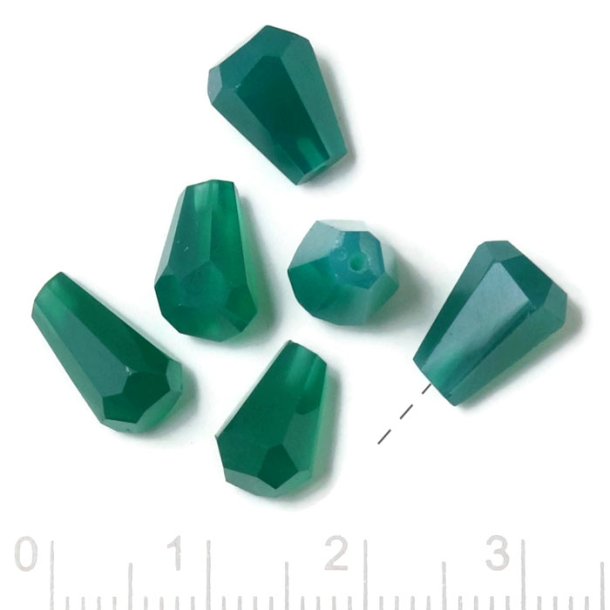 Green onyx, half-drilled, teardrop-shaped, uneven faceted bead, appx. 9x6 mm, 2 pcs