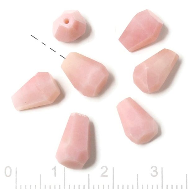 Pink opal, drilled, teardrop-shaped, uneven faceted bead, pink, approx. 9x6 mm, 2 pcs.