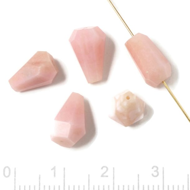 Pink opal, through-drilled, teardrop-shaped, uneven faceted bead, pink, approx. 9x6 mm, 2 pcs.