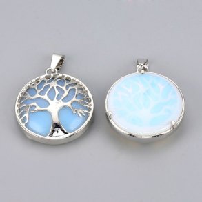 Silverplated pendant, opalite imitation, light blue, round with tree of life, 30.5x27x8mm, 1pc.