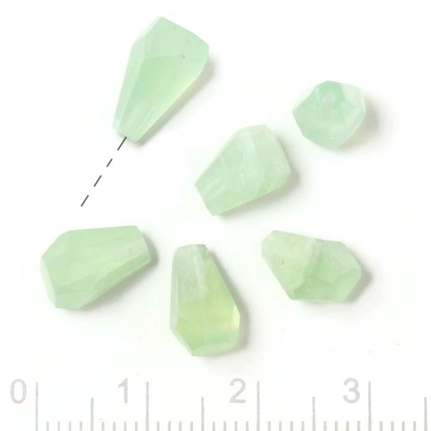 Prehnite, half-drilled, teardrop-shaped, uneven faceted, light green, appx. 9x6 mm, 2 pcs