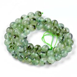 Prehnit, runde Perlen, klar gr&uuml;n mit schwarzen Streifen, rund, 8 mm, ca. 46 Stk