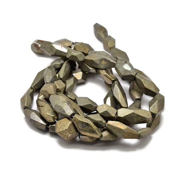 Pyrite stone beads, long unevenly facetted bead, 33x16x16mm, 11-12pcs