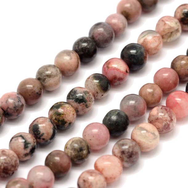 Rhodonite, entire strand, light rose with black marbling, round bead, 3mm, ca. 125pcs
