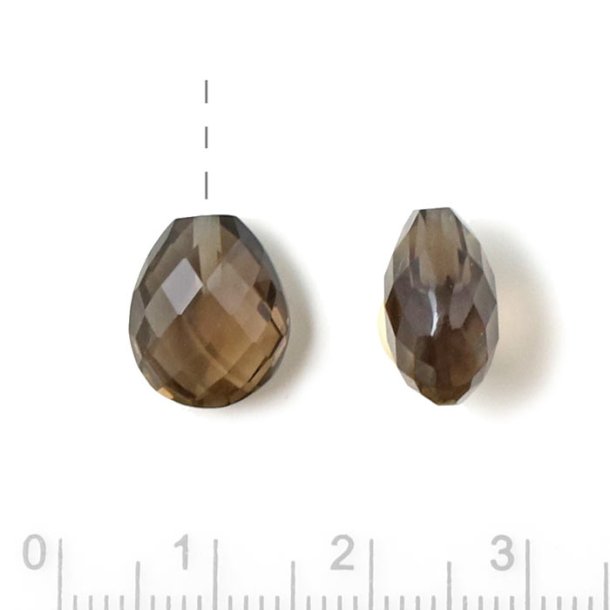 Smokey quartz, short drop shape, flat, half-drilled, closely faceted, brown, 12x10x7mm, 1pc.