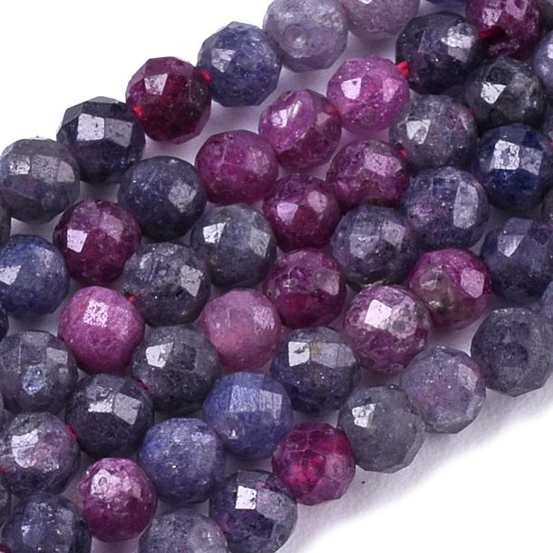 Sapphire and ruby mix, full strand, small round faceted bead, 3mm, 130pc.