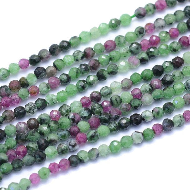 Ruby in Ziosite Mix, whole strand, round faceted, dark red and green, 2mm, 200 pcs
