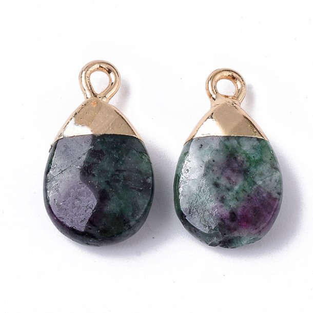 Pendant, ruby in ziosite, teardrop, greenish, gold-plated brass top, 18x10x5mm, 1 pcs
