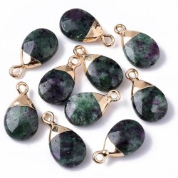 Anh&auml;nger, Rubin in Ziosit, tropfen, gr&uuml;nlich, vergoldete Messingspitze, 18x10x5mm, 1 Stk